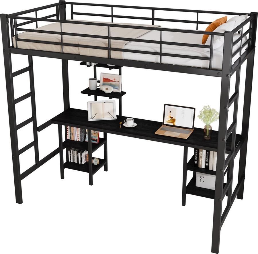 Merax Eisenrahmenbett Etagenbett mit Tisch und Regalen Geeignet für Kinder und Jugendliche Kinderbett mit Seitenleiter mit Fallschutzgitter Eisen + MDF Schwarz 90x200cm