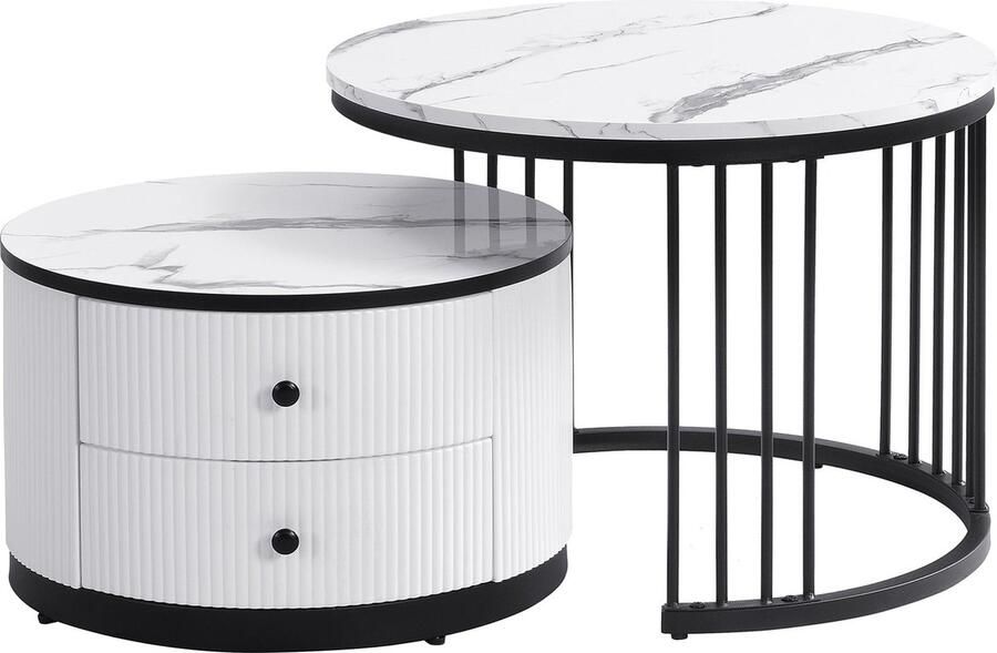 Merax Elegant 2-delig Salontafel Set met Hoogglanzend Marmerlook Bijzettafels Set van 2 met Lades Wit met Zwart