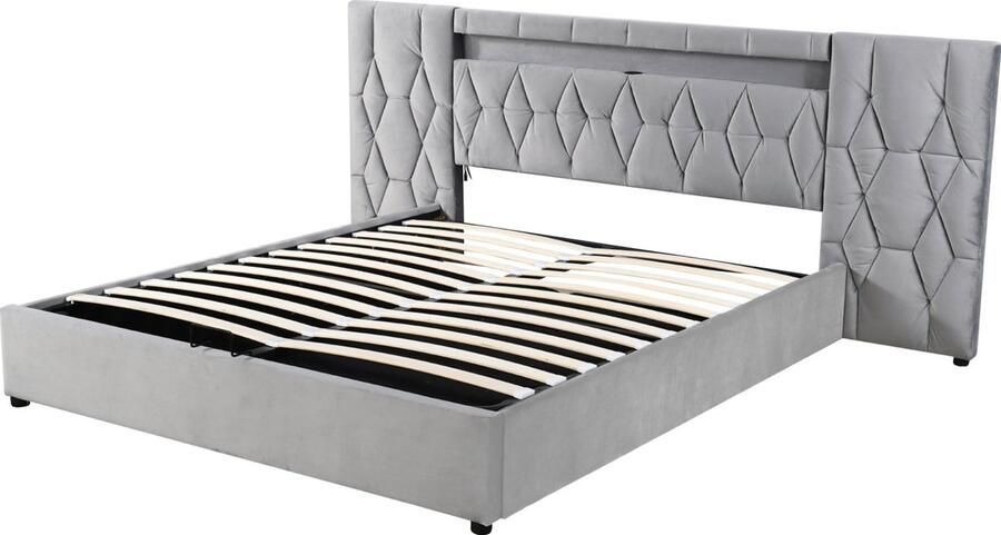 Merax Elegant Boxspringbed 180x200 cm – Fluweel gestoffeerd Bed met LED USB-poorten en Hydraulisch Opslagsysteem Bedframe met Hoge Rugleuning Klassiek Grijs