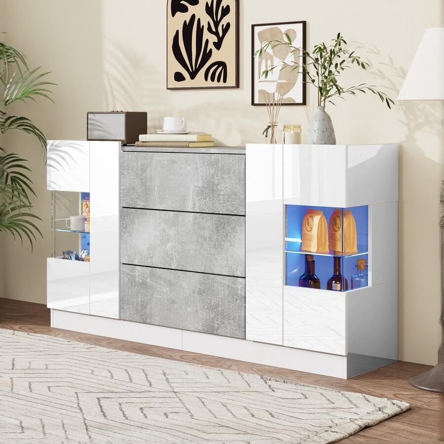 Merax Elegant dressoir met 2 deuren en 3 lades witte fronten en grijze marmerlook LED-verlichting met 16 kleuren 140 x 35 x 75 cm