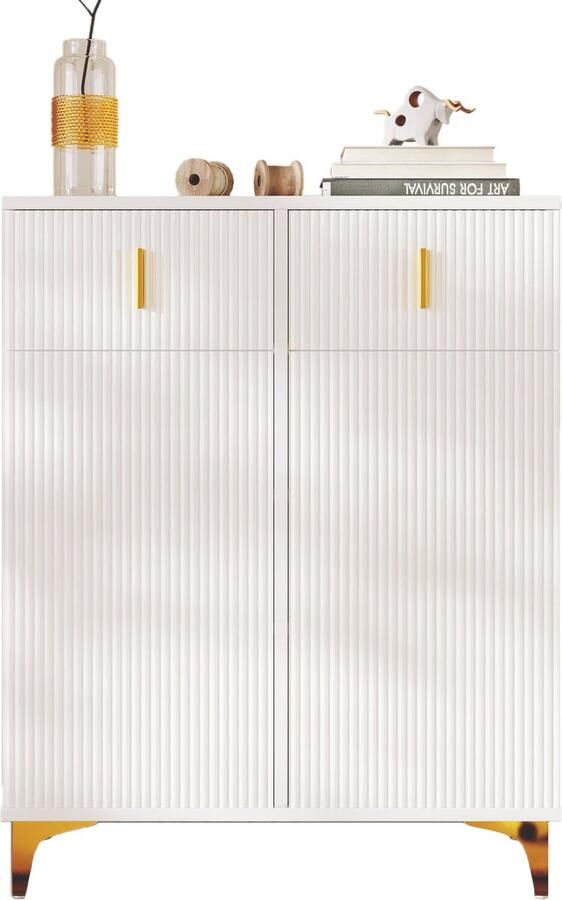 Merax Elegant Dressoir Schoenenkast – Wit – Met Textuurpanelen Verstelbare Legplanken Vergulde Accenten en Schuifladen