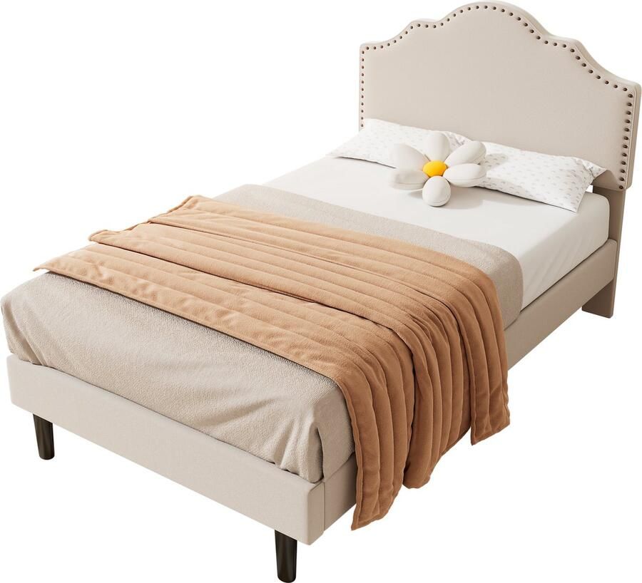 Merax Elegant Eenpersoonsbed 90x200 cm Hoogwaardig MDF Design met Gebogen Hoofdbord en Decoratieve Nieten