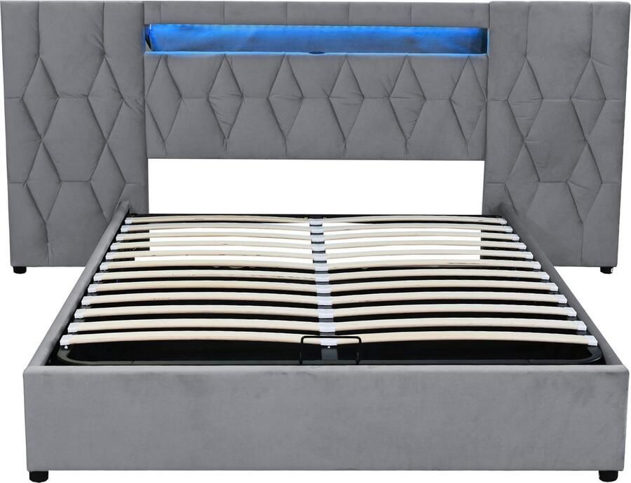Merax Elegant Gestoffeerd Bed 140x200cm met Grote Rugleuning Samtstof LED-verlichting USB-oplaadpoort en Hydraulisch Opbergsysteem Grijs