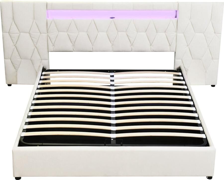 Merax Elegant Gestoffeerd Tweepersoonsbed 180x200 cm met Grote Hoofdbord – Velvet Bed met LED Verlichting en USB Aansluiting – Hydraulisch Opslagsysteem – Klassiek Beige - Foto 2