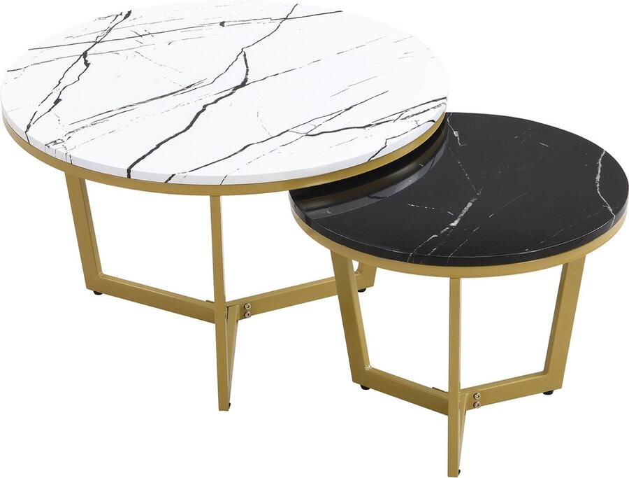 Merax Elegant Nesting Salontafel Set – 2-delig Bijzettafel Set met Marmerlook Tafelblad en Goudkleurig Metalen Frame 70x70x45 cm + 50x50x40 cm