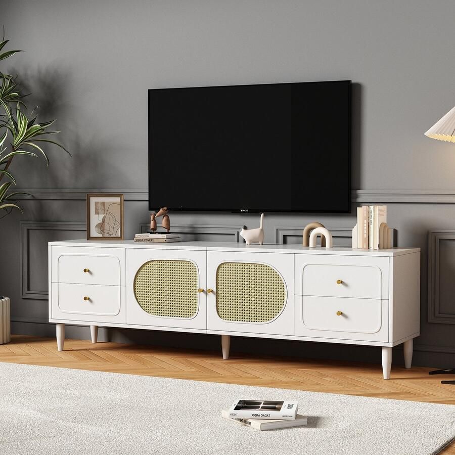 Merax Elegant rotan Tv-meubel 180x40x56 5 cm met 4 lades 2 rotan deuren in hoogte verstelbare poten en kabelbeheer