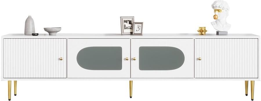 Merax Elegant TV-Meubel 170x35x50 cm – Wit met Gouden Poten en Handgrepen 2 Deuren met Verticaal Rillenontwerp 2 Deuren met Boogvormig Glas 35KG Draagvermogen – Modern TV-meubel met Kabelmanagement - Foto 2