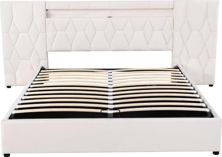 Merax Queensize Bed 160x200 cm met Hydraulisch Opbergfunctie Fluweel Gestoffeerd Tweepersoonsbed met LED Verlichting en USB Klassiek Beige