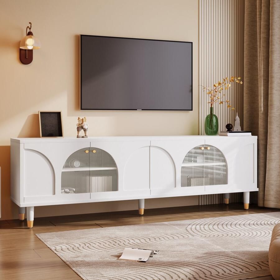Merax Elegant wit TV-meubel met gewelfde gecanneleerde glazen deuren 4 deuren 173 x 38 x 59 cm Modern Design