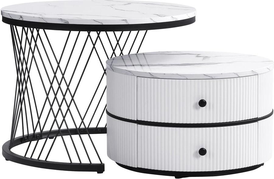 Merax Salontafel Set van 2 Ronde Salontafels Marmerlook met 2 Lades Luxe Nesting Tafels Hoogglans Wit met Zwart - Foto 2
