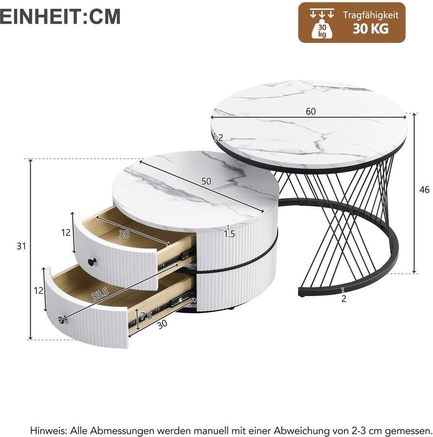 Merax Salontafel Set van 2 Ronde Salontafels Marmerlook met 2 Lades Luxe Nesting Tafels Hoogglans Wit met Zwart