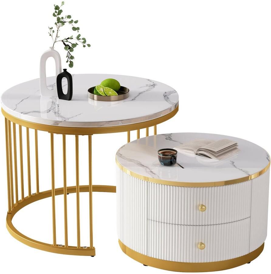 Merax Elegante 2-Delige Nest Salontafel Set Witte Ronde Tafels 60x60x45.5 cm & 50x50x32 cm met Hoogglanzende Marmorlook en 2 Schubladen