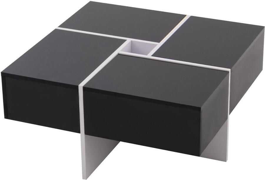 Merax Elegante Hoogglans Salontafel 70x70x35 cm Luxe Design met 4 Lades en Ingebouwd Opbergruimte Zwart met Wit