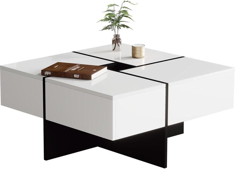 Merax Elegante Hoogglans Couchtafel 70x70x35 cm Zwart Witte Design met Ingebouwd Opbergvak en 4 Robuuste Lades Tot 30 KG