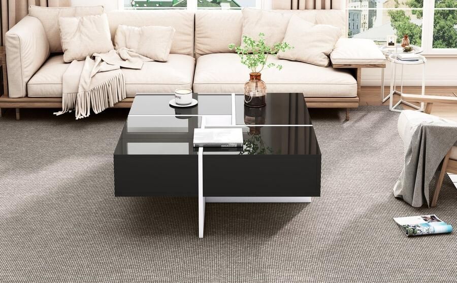 Merax Elegante Hoogglans Salontafel 70x70x35 cm Luxe Design met 4 Lades en Ingebouwd Opbergruimte Zwart met Wit - Foto 2