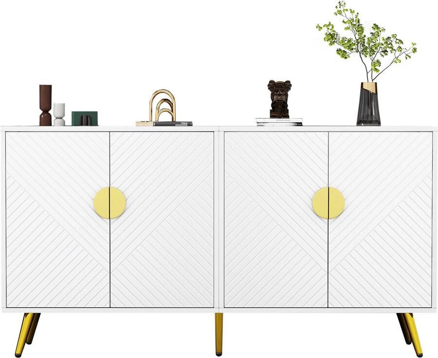 Merax Elegante Kast Dressoir met Verstelbare Planken 140x40x75 cm Luxe Sideboard Wit met Gouden Accenten