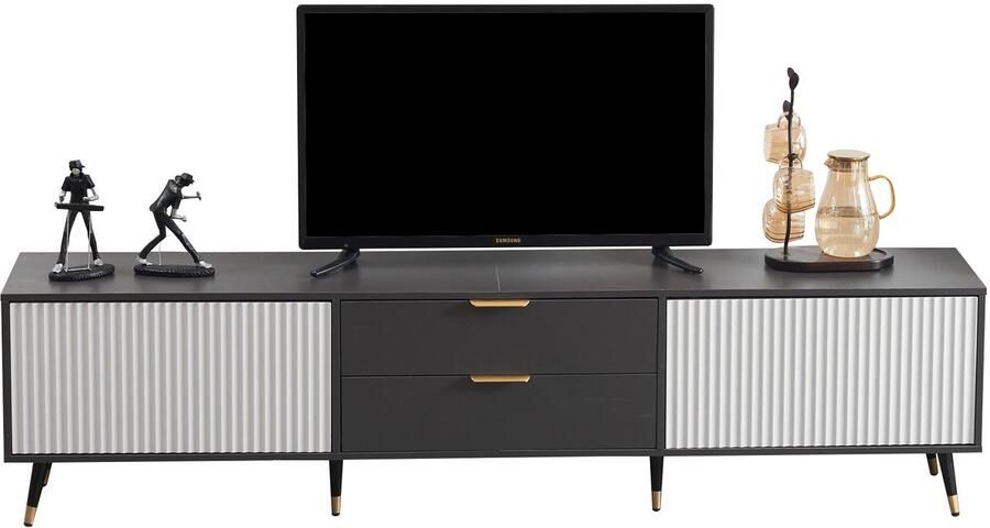 Merax Elegante Moderne TV-Kast in Grijs Wit 200x40x50 cm met 2 Laden 2 Deuren en Kabelmanagement - Foto 2