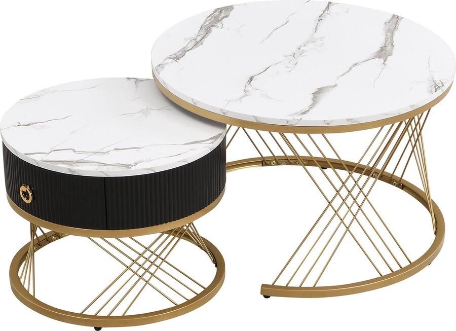 Merax Elegante Modulaire Salontafel Set van 2 met Marmerlook en Gouden Accenten – 2-Delige Bijzettafel met Lades Wit met Zwart en Goud