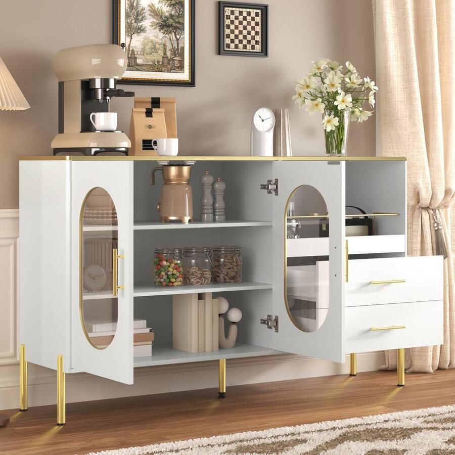 Merax Elegante sideboard met 2 lades en 2 glazen deuren moderne witte kaptafel met gouden decoratie opbergruimte