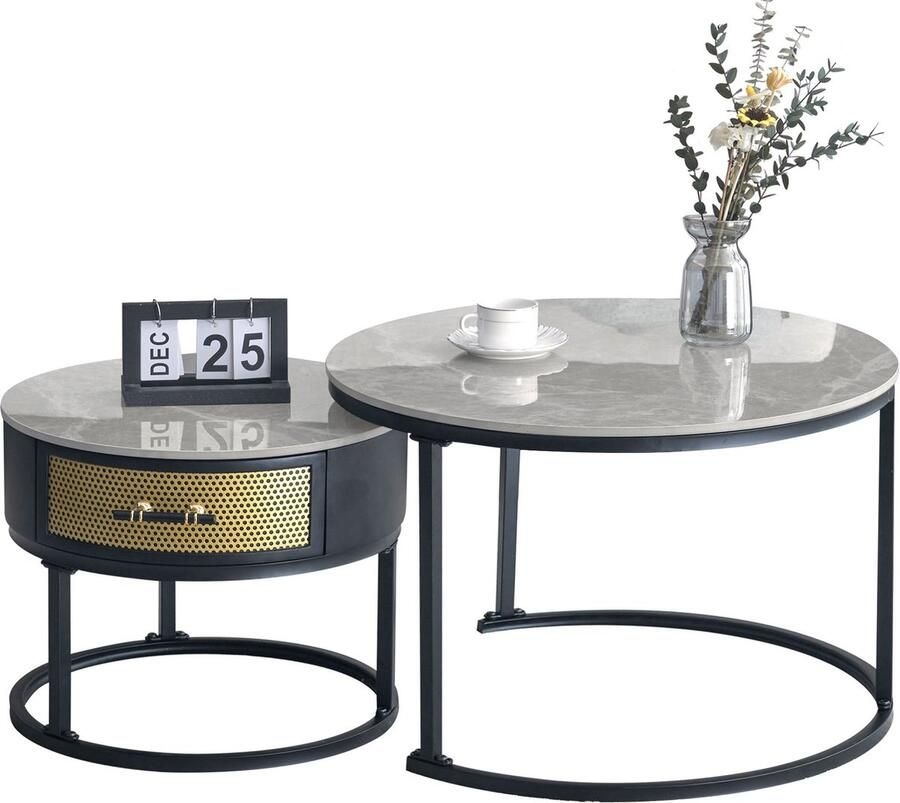 Merax Elegante Twee Delige Couchtafel Set Grijze Marmeren Bovenkant met Massief Houten Laden 70x70x45.5 cm + 50x50x40 cm
