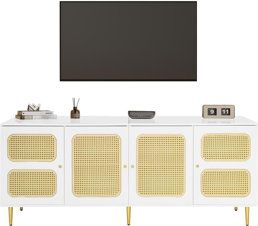 Merax Elegante Witte Rattan TV-Kast 180x40x72 cm met 4 Rattantüren Verstelbare Planken en Kabelmanagement voor TV's tot 80 inch