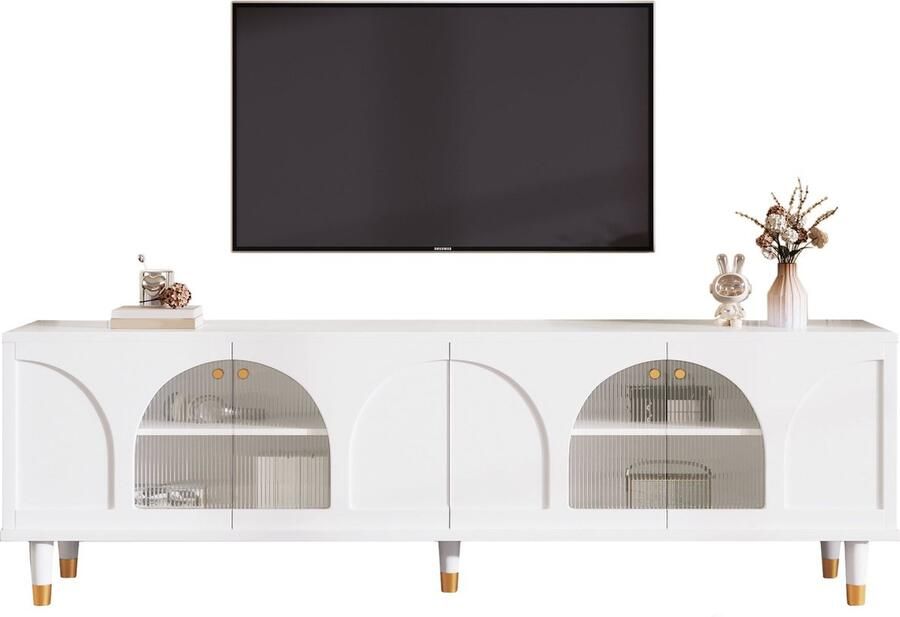 Merax Elegante Witte TV-Kast met Gewelfde Geribbelde Glastüren 4 Deuren – 173 x 38 x 59 cm – Modern Design