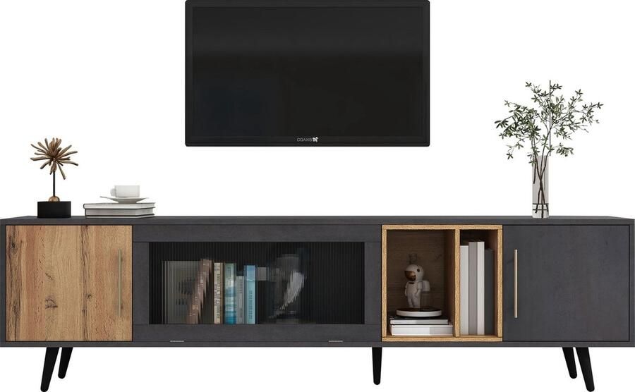 Merax Elegant TV-meubel 200x40x55.5 cm donker hout met grijze houtnerf – Geschikt voor 90-inch televisies met glasdeur en opbergruimte