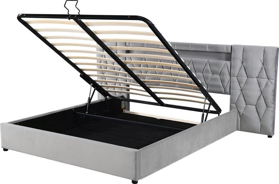 Merax Elegantes Gestoffeerd Bed 160x200 cm met Grote Rugleuning Samtbekleding LED-Verlichting en USB-Oplaadstation Hydraulisch Opbergsysteem – Grijs