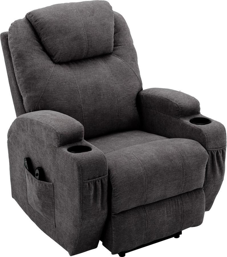Merax Elektrische Relaxstoel met Massagefunctie Stoffen Verstelbare Relaxfauteuil met Verwarming 2 Afstandsbedieningen Drankhouders en Opbergvakken Grijs Voor Senioren en Volwassenen
