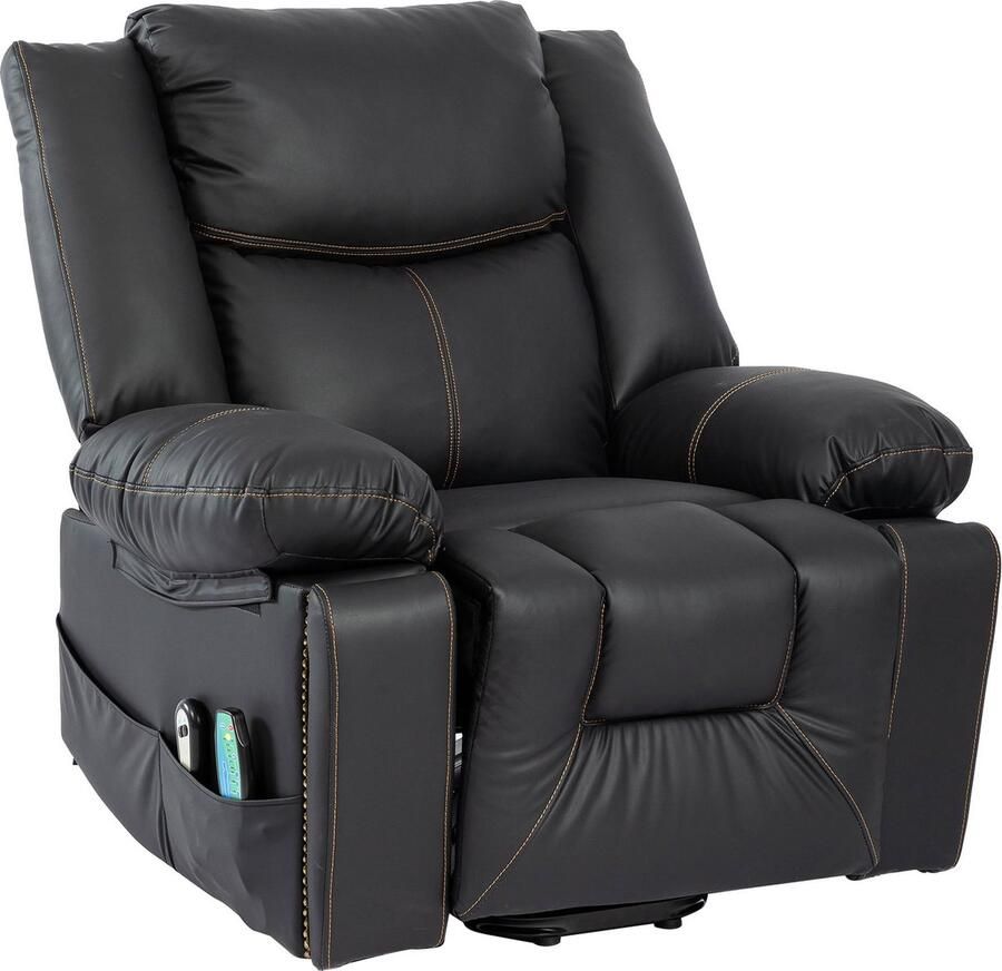 Merax Elektrische Sta-op Stoel in Kunstleer Luxe Kunstleder Gestoffeerde Relaxstoel met Massage en Verwarming Massagestoel Zwart