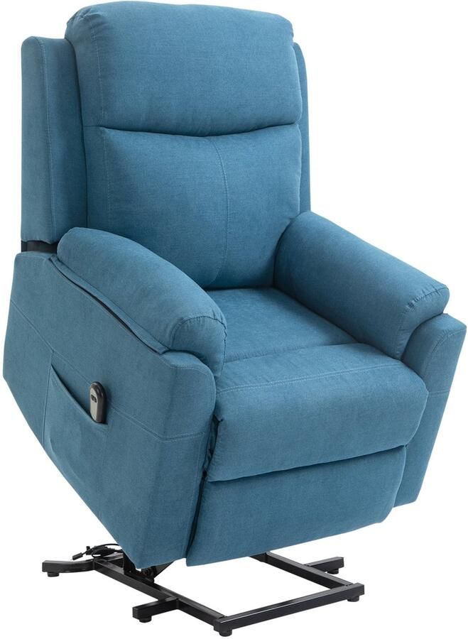 Merax Elektrische Relaxfauteuil met Sta-op Hulp en Ligfunctie Leinenlook Blauw – Comfortabele Sta-op Stoel voor Senioren – TV Fauteuil met Afstandsbediening 83x89x102 cm