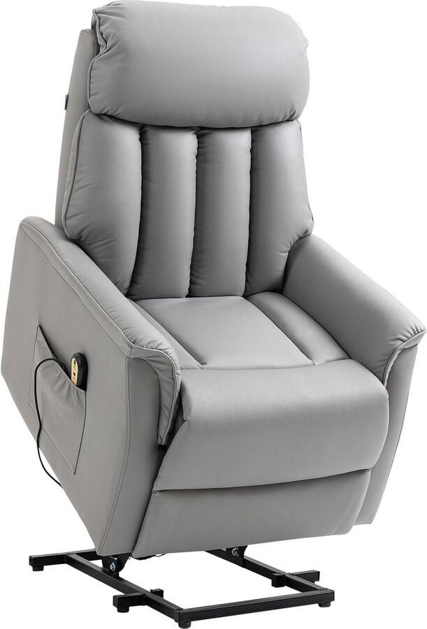 Merax Elektrische Sta Op Stoel met Afstandsbediening – Comfortabele Relaxfauteuil met Opstahulp en Ligfunctie tot 145° – Grijs Kunstleer
