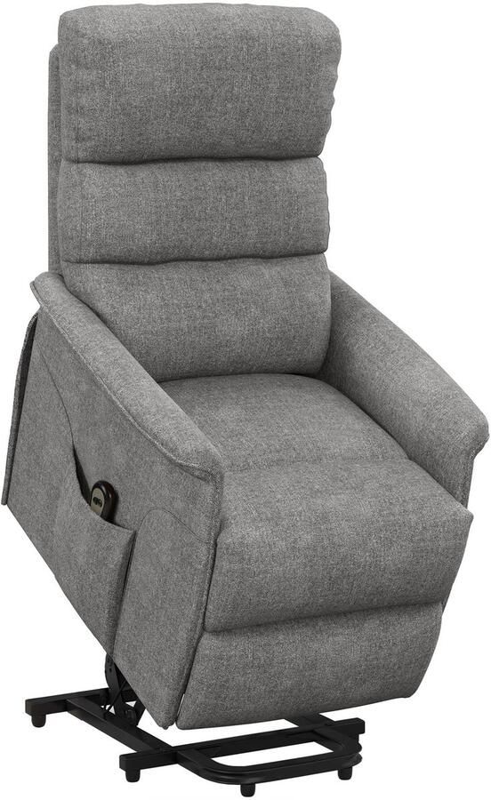 Merax Elektrische Sta Op Stoel met Ligfunctie – Relaxstoel in Leinenlook Grijs met Afstandsbediening en Zijvak – Comfortabele TV Stoel voor Senioren