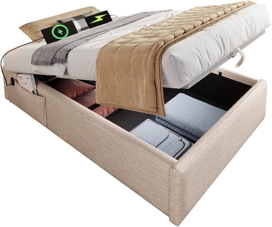 Merax Gestoffeerd Eenpersoonsbed 90x190 cm Bedframe met USB-C Hydraulisch Opbergruimte en Houten Lattenbodem Zonder Hoofdbord Linnen Natuurlijk