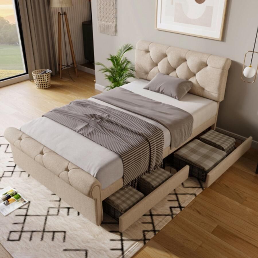 Merax Enkelbed 90x200cm 2 lades verstelbaar kopstuk Chesterfield design (zonder matras)