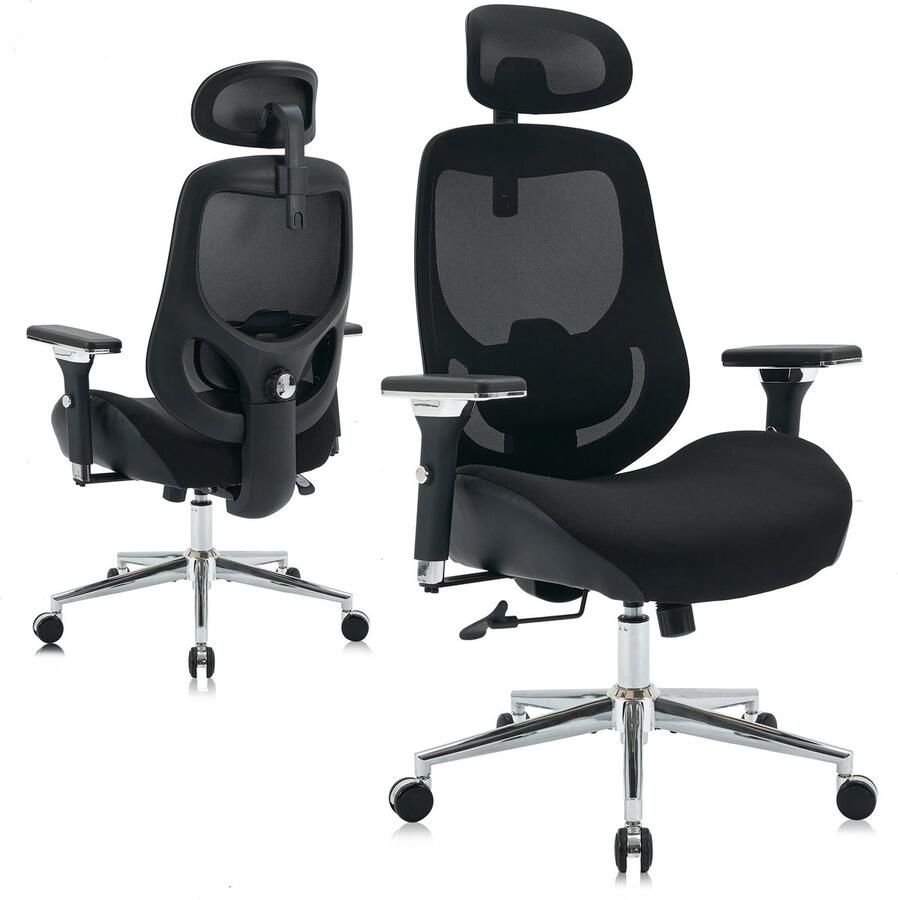 Merax Ergonomische Bureaustoel met 4D Verstelbare Armleuningen – Geschikt voor Grote Mensen – Mesh Rugleuning – Lendensteun en Hoofdsteun – 120° Kantelfunctie voor Thuiswerk en Kantoor