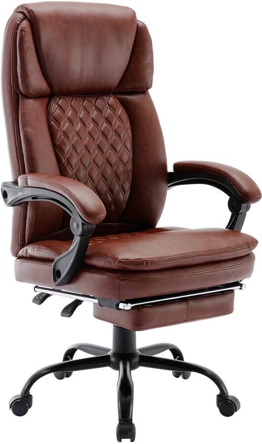 Merax Ergonomische Bureaustoel Bruin Kunstleer met Voetsteun – Verstelbare Lederen Directiestoel met Hoge Rugleuning en Dikke Kussens – Comfortabele Chefsstoel tot 220 kg