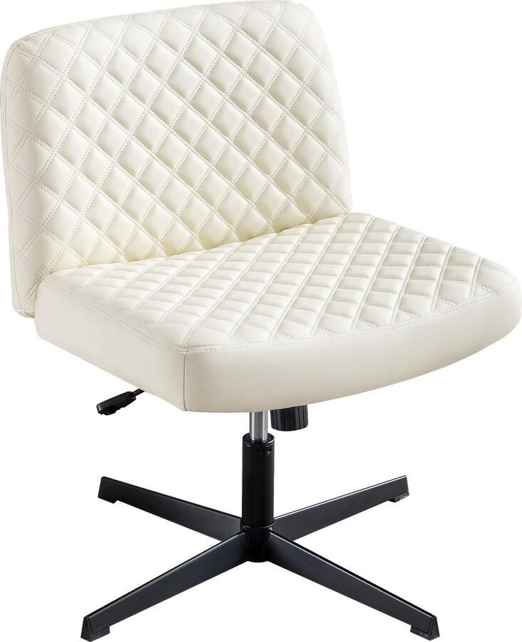 Merax Ergonomische Bureaustoel Zonder Armleuningen – Kunstleer Home Office Stoel Zonder Wielen – Brede Zitting – Heavy Duty Metalen Basis – Schommelbare en Verstelbare Stoel – Beige