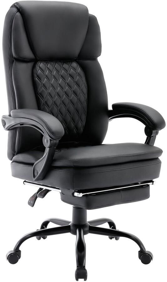 Merax Ergonomische Bureaustoel Zwart Kunstleer met Voetsteun – Verstelbare Lederen Directiestoel met Hoge Rugleuning en Dikke Zitting