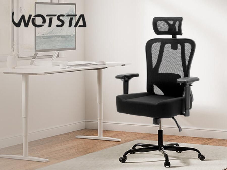 Merax Ergonomische Bureaustoel Zwart Mesh – Verstelbare 2D Armleuningen en Lendensteun – Bureaustoel tot 200 kg met 3D Kussen en Kantelfunctie – Comfortabele Office Chair - Foto 2
