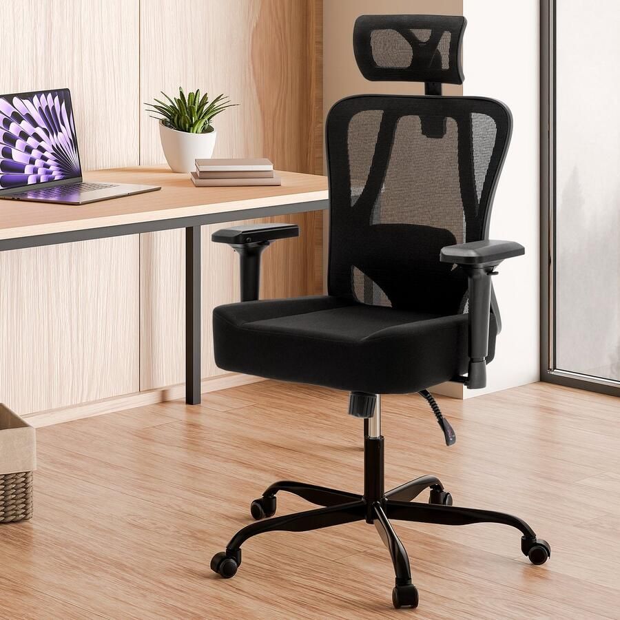 Merax Ergonomische Bureaustoel Zwart Mesh – Verstelbare 2D Armleuningen en Lendensteun – Bureaustoel tot 200 kg met 3D Kussen en Kantelfunctie – Comfortabele Office Chair