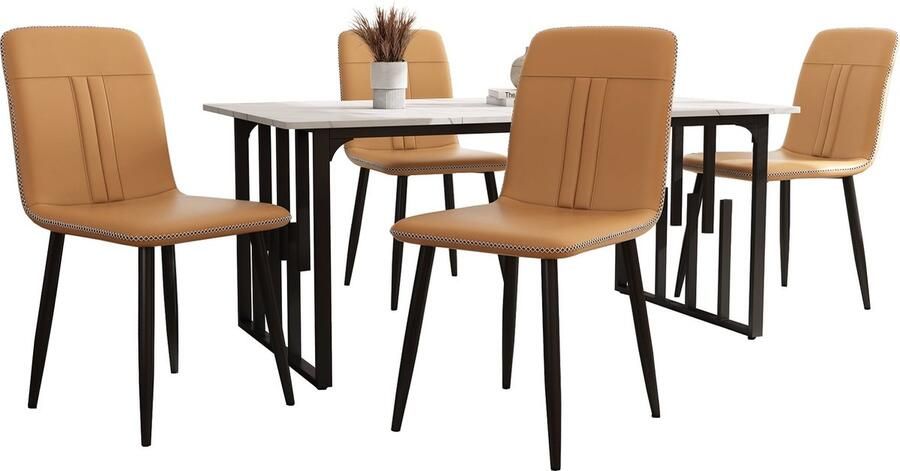 Merax Eetkamerset 5-delig Eettafel met 4 Stoelen 140x80 cm Witte MDF Tafel met Zwarte Metalen Poten en Bruine PU Kunstlederen Stoelen