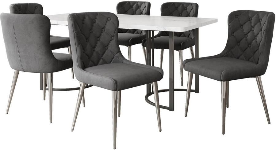 Merax Eetkamerset 7-delig – Eettafel 140x80 cm met 6 Stoelen – Moderne Eethoek – Donkergrijs & Zilver – Stalen Poten