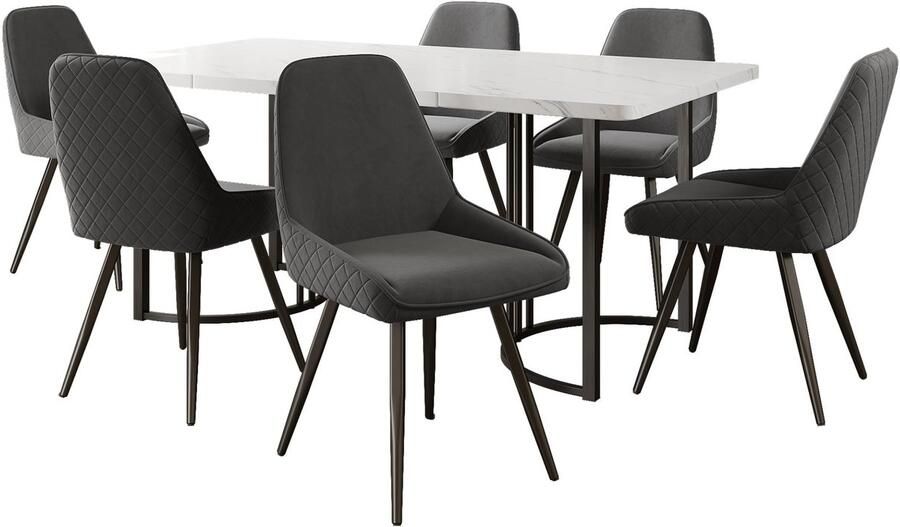 Merax Eethoek 7-delig 140x80 cm Marmerlook Eettafel met 6 Eetkamerstoelen Moderne Keukentafel Set MDF Tafelblad in Wit met Donkergrijze Stoelen