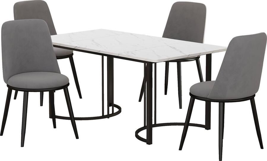 Merax Eetkamer Set van 5 140x80x75 cm Eettafel met 4 Eetkamerstoelen) Modern Keukentafel Set Grijze Fluwelen Stoelen met Ronde Zitting Zwarte Metaal Tafel- en Stoelpoten Witte MDF Tafelblad