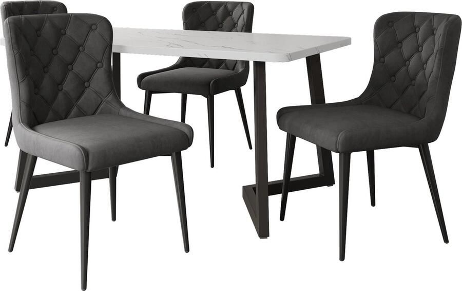 Merax Essgruppe (5-tlg) 117x68cm Esstisch mit 4 Stühlen Set Moderner Küchentisch Set Schwarze Eisenstuhlbeine (Dunkelgrau Esszimmerstuhl)