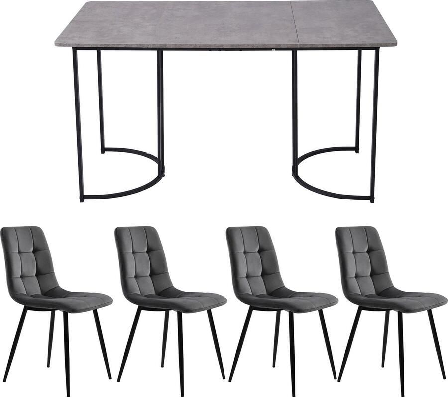 Merax Essgruppe (5-tlg) Esstisch mit 4 Stühlen Set Moderner Küchentisch Set 140×80cm Küchentisch mit Schwarz Metallbeinen MDF Tischplatte in Grau Dunkelgrau Samt Esszimmerstühle