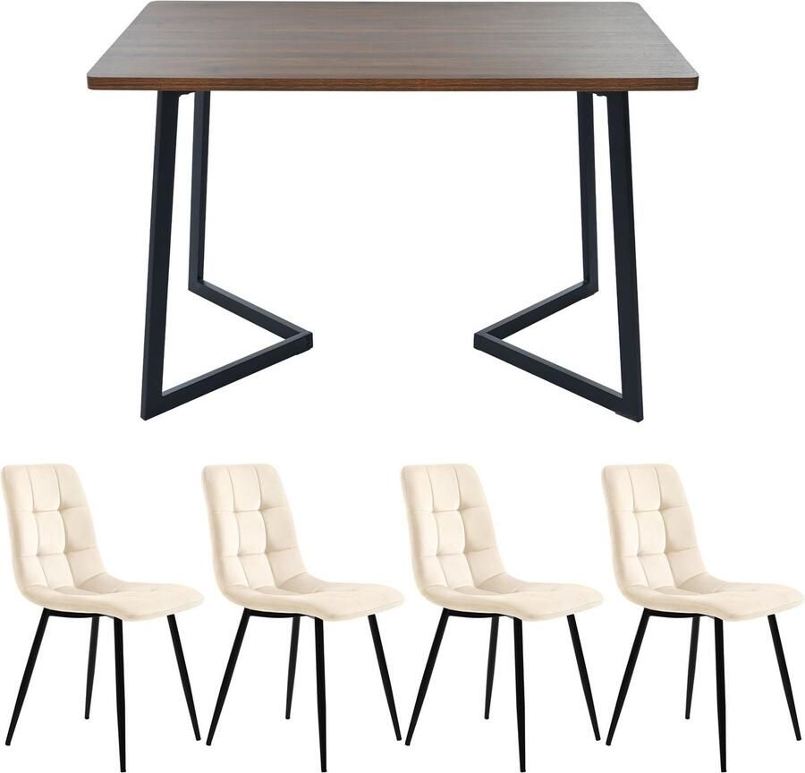 Merax Essgruppe (5-tlg) Esstisch mit 4 Stühlen Set Moderner Küchentisch Set Holzmaserung Küchentisch mit Schwarz Metallbeinen MDF Tischplatte in Walnussfarbe Beige Samt Esszimmerstühle