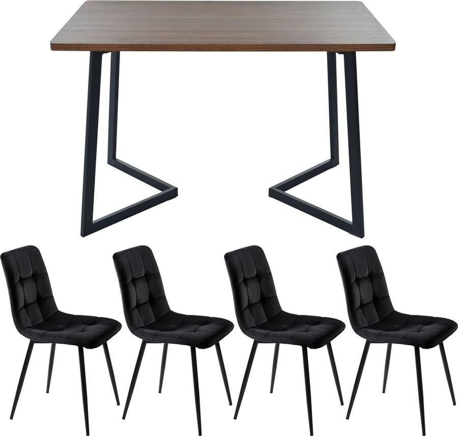 Merax Essgruppe (5-tlg) Esstisch mit 4 Stühlen Set Moderner Küchentisch Set Holzmaserung Küchentisch mit Schwarz Metallbeinen MDF Tischplatte in Walnussfarbe Schwarz Samt Esszimmerstühle