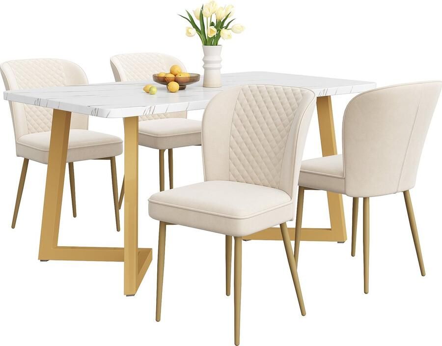 Merax Essgruppe (Set 117×68×75cm Esstisch mit 4 Stühlen) Moderner Küchentisch Set Beige Samt Esszimmerstühle Polsterstuhl Design Stuhl mit Rückenlehne MDF Tischplatte in Weißer Gold Tischbeine
